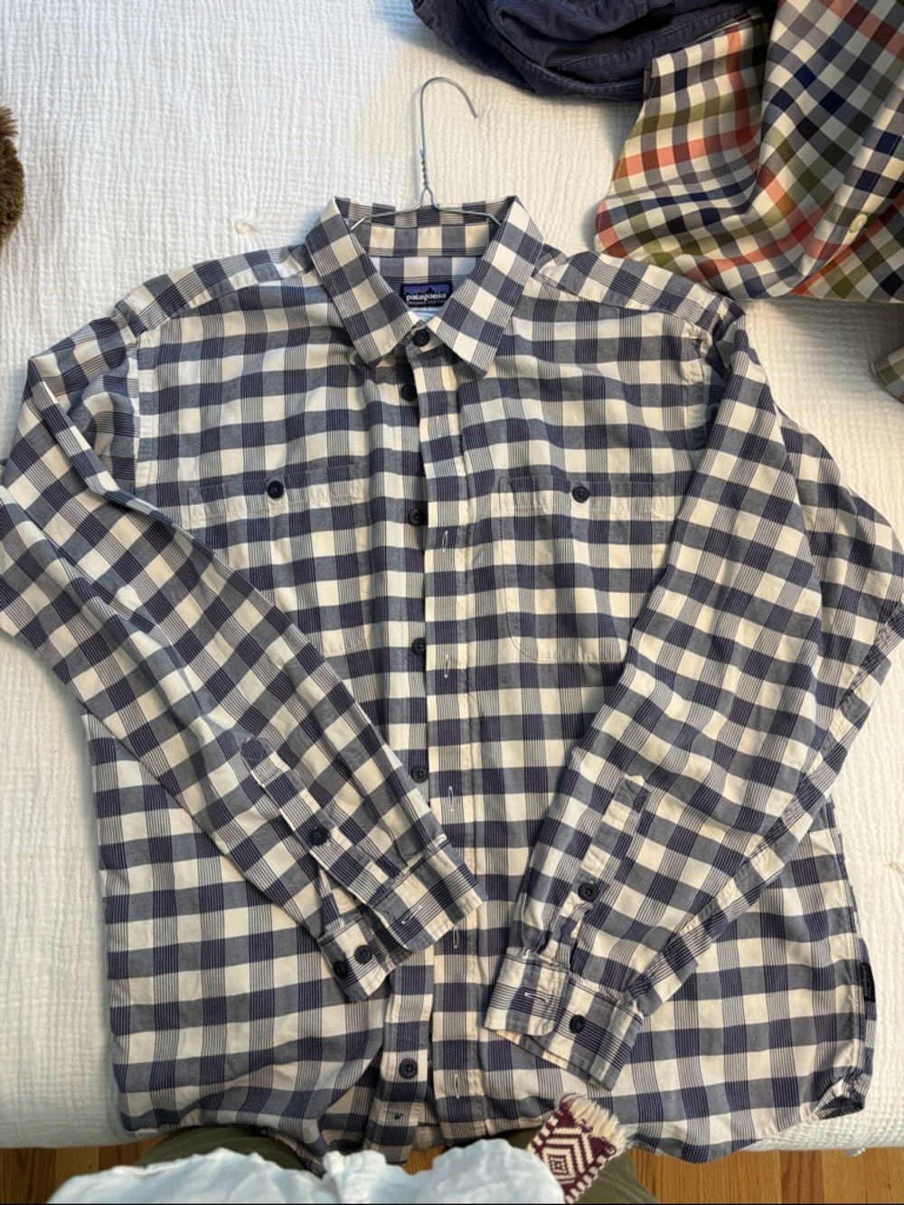 Patagonia Navy and White Check Long-Sleeve Button-Down Shirt
